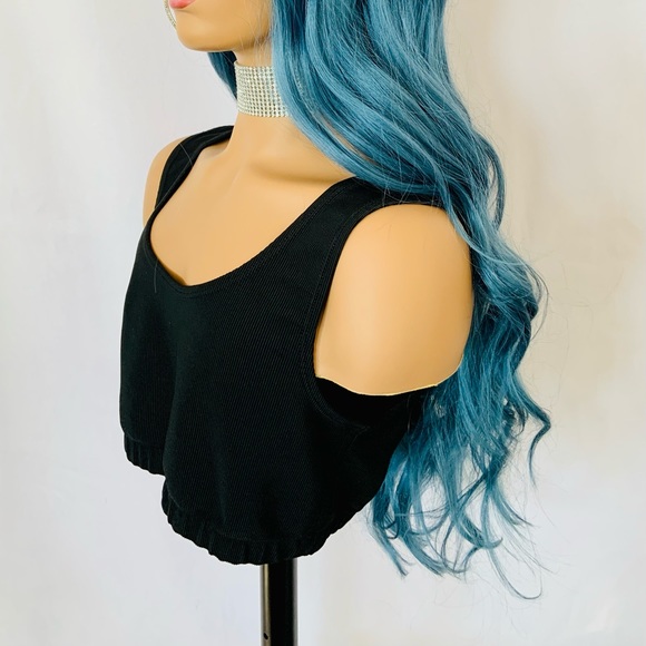 Long Gorgeous 28” Ocean Blue Color Premium Fiber Glueless Lace Front Wig - Picture 4 of 10